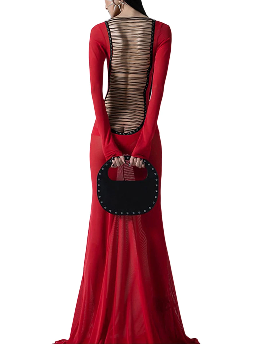 فستان نسائي طويل شفاف ، لون واحد ، فستان شبكي شفاف ، أكمام طويلة ، ربطة عنق متقاطعة ، عارية الذراعين ، حفلة مسائية