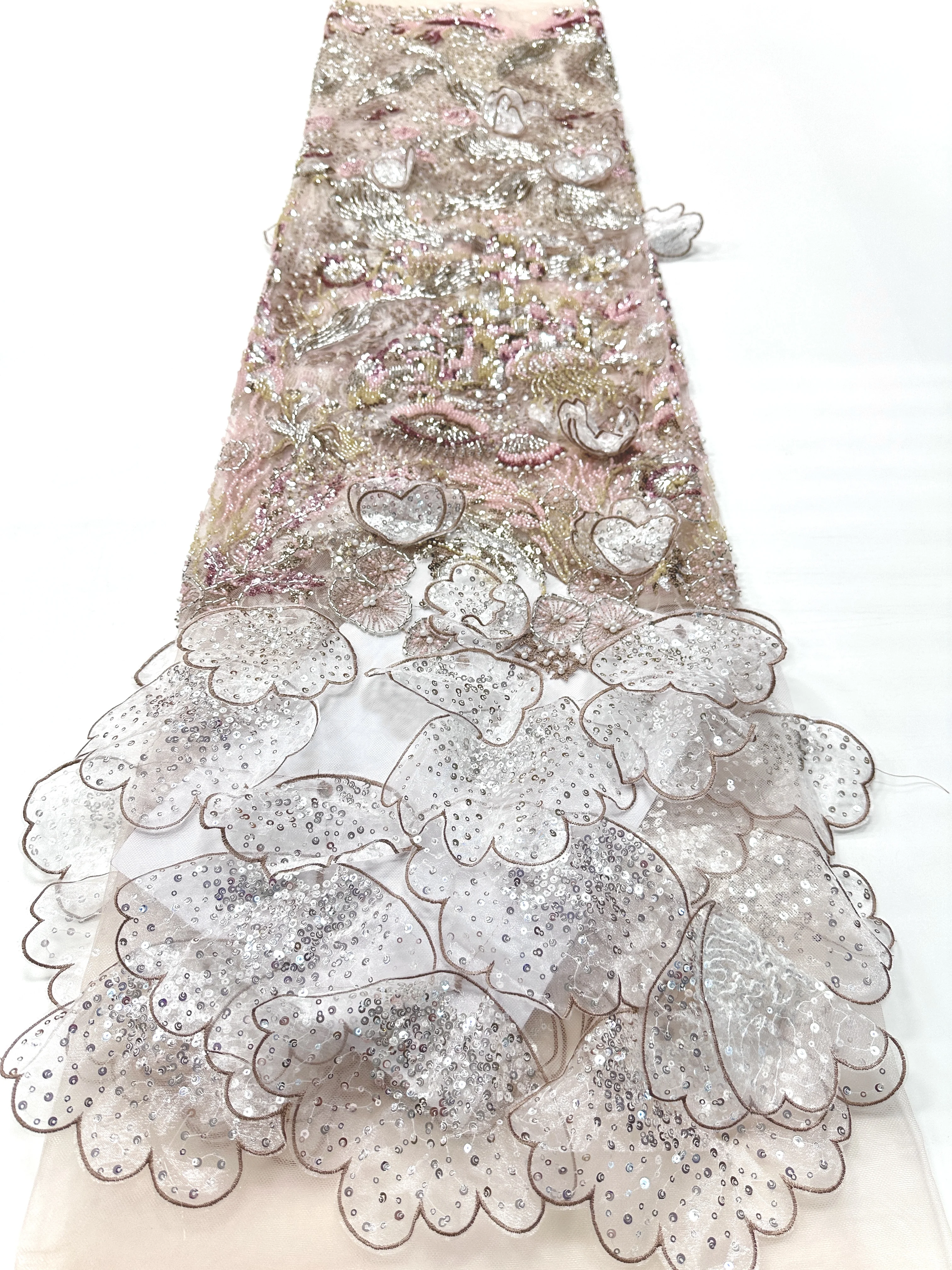 

Newest Hot Sale African 3D Heavy Lace Fabric French Nigerian Sequins Beaded Lace Fabric for Wedding Dresses