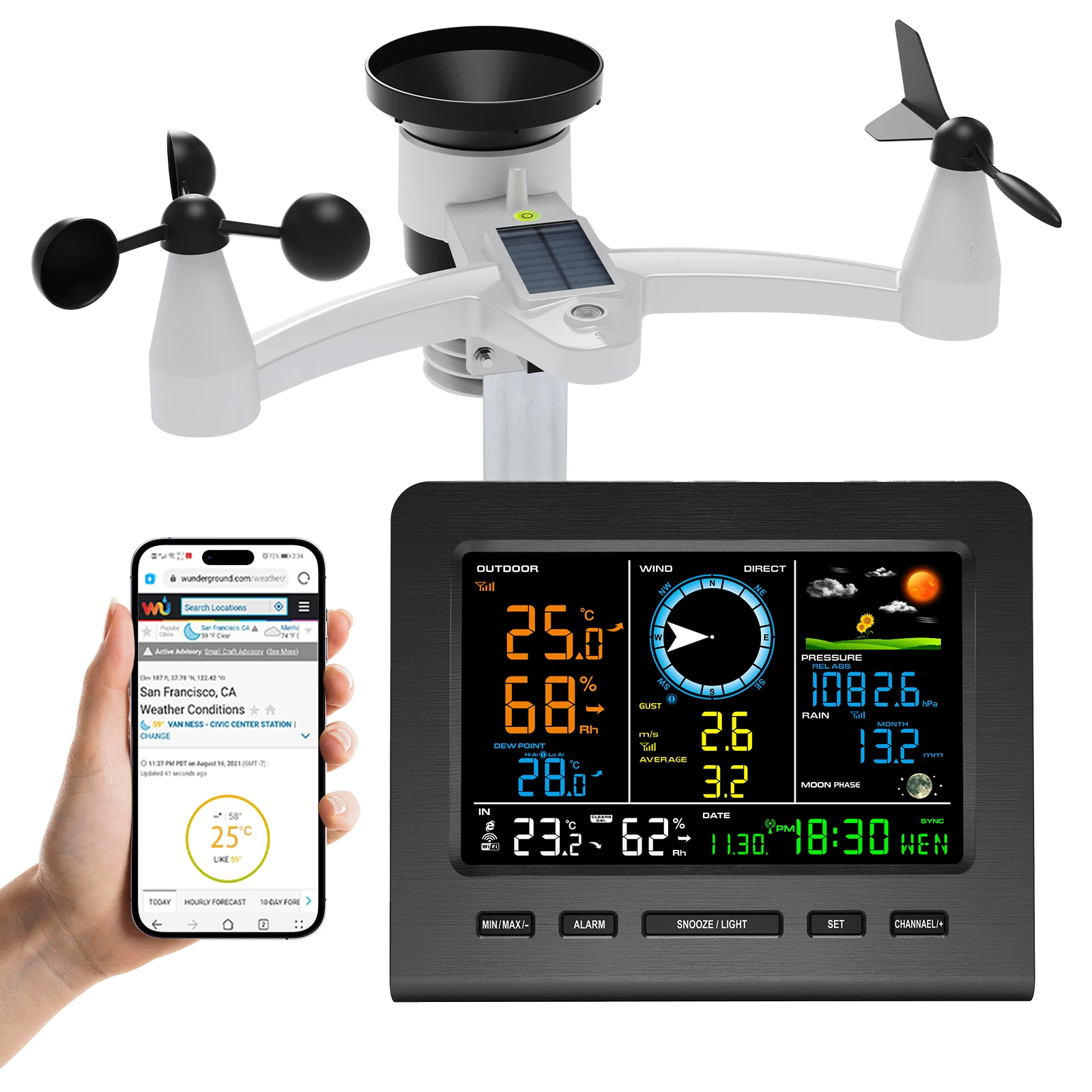 8-in-1 Wireless Weather Station with WiFi Sync Solar Powered Outdoor Sensor Real-time Temp/Humidity/Wind/Rain/Pressure for Home