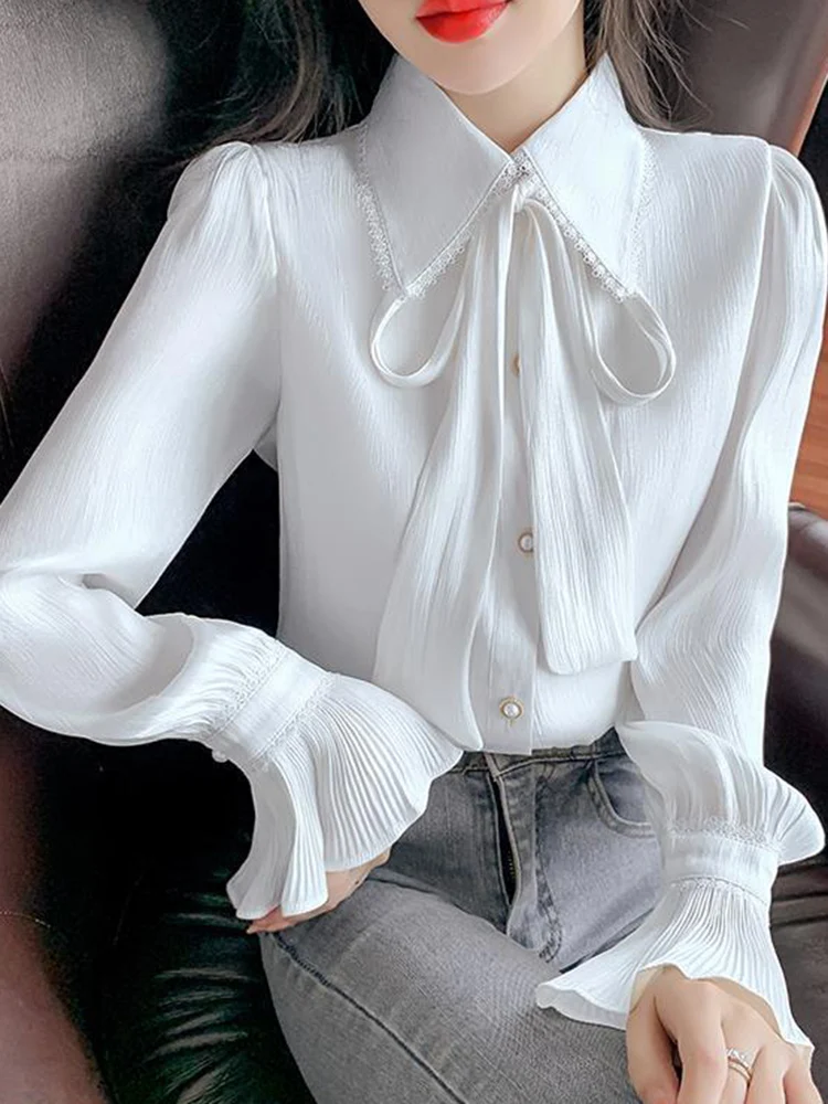 Jmprs Elegant Flare Sleeve Chic Shirt Women Sweet Fashion Bow Folds Blouse Korean Casual Office Lady Simple Spring Chiffon Tops