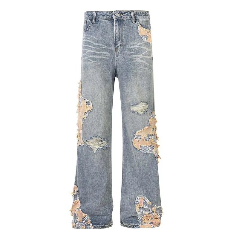 

Fashion Ripped Jeans Pants With Lace Patchwork High Street Loose Fit Distressed Denim Trousers Oversized Torn Bottoms