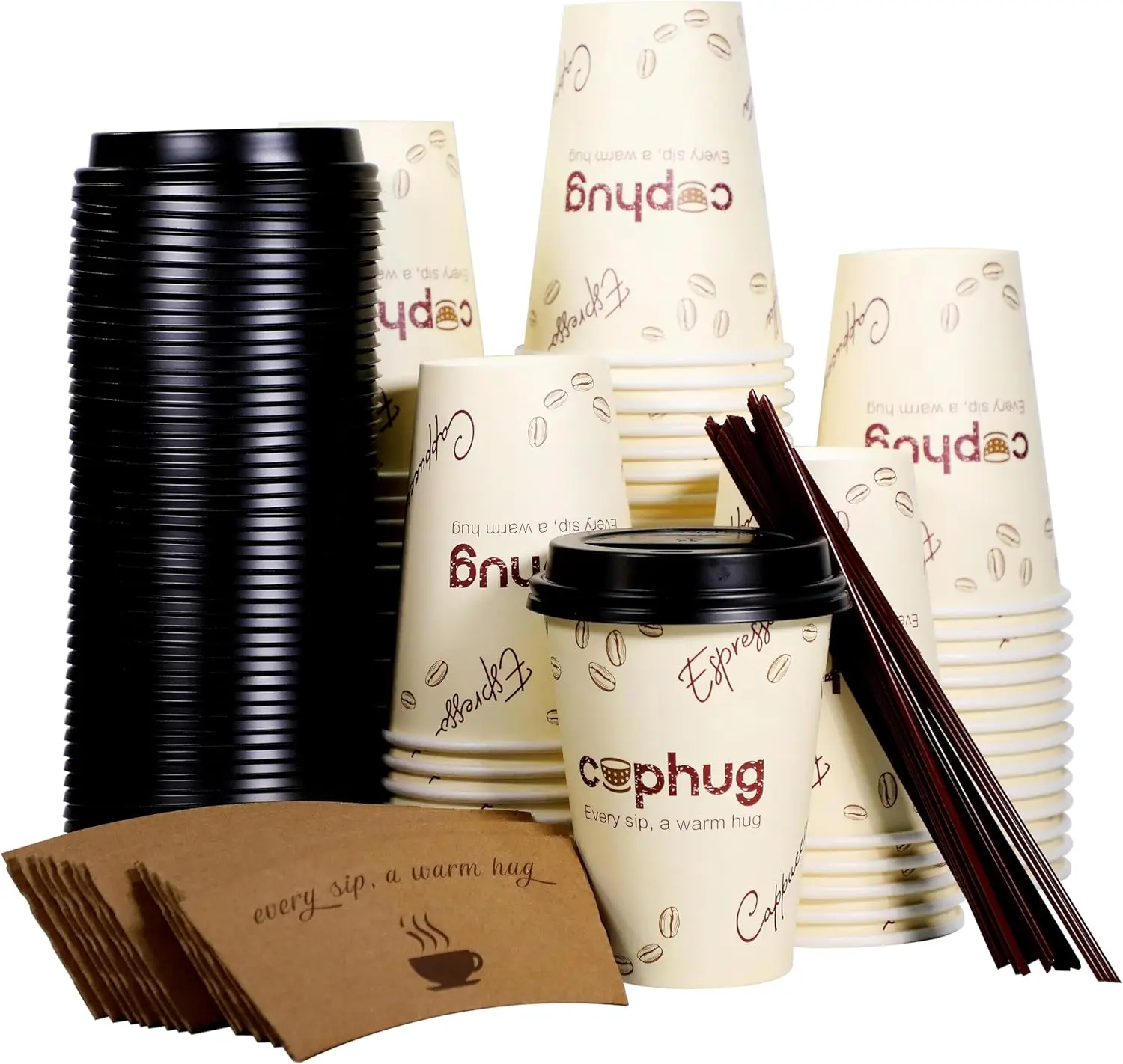 

100 Pack 12 oz Coffee Cups with Lids, To Go Paper Cups with Sleeves and Stirring Sticks, Insulated Disposable Coffee Cup