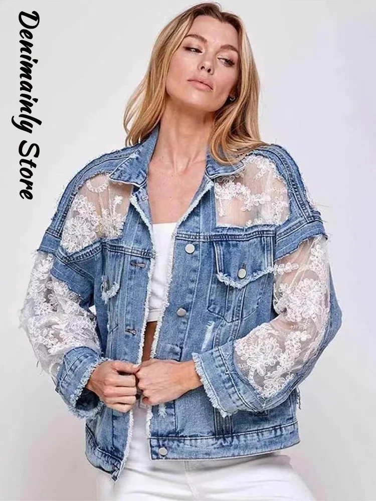 

Fashion Embroidery Lace Patchwork Denim Jacket Women Lapel Single Breasted Casual Jaacket 2025 Autumn Lady Chic Streetwear