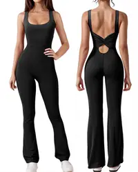 Womens Workout Flare Jumpsuit Backless Yoga Romper Scrunch Butt One Piece Bodysuit Leggings Open Back Gym Bodycorn