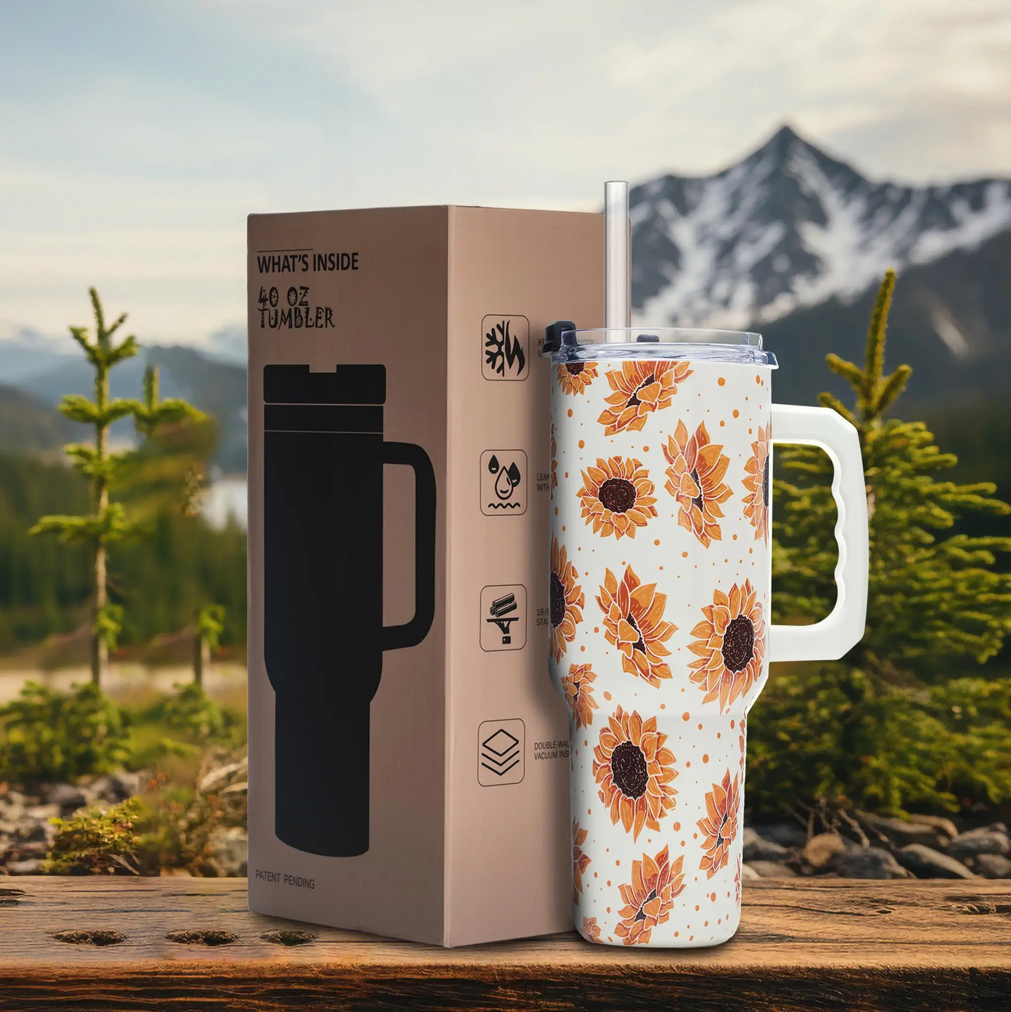 

White Floral 40oz Stainless Steel Tumbler – Sunflower Design, Vacuum Insulated, Wide Mouth, BPA-Free, With Handle