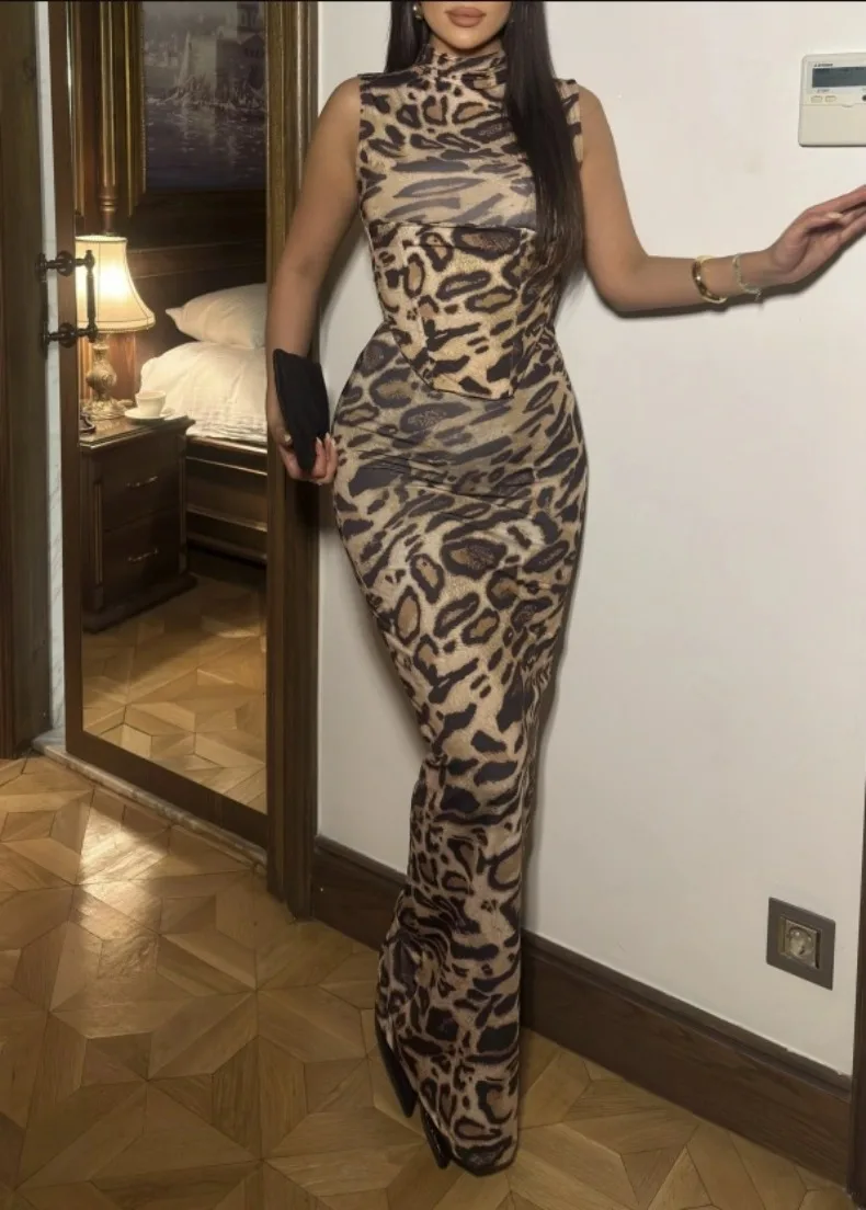 Leopardenmuster Tailliertes Slim-Fit-Kleid für Damen Zweiteiliges Set für Urlaub, Abendessen, Geburtstagsfeier Elegantes Damenkleid – Detail 17
