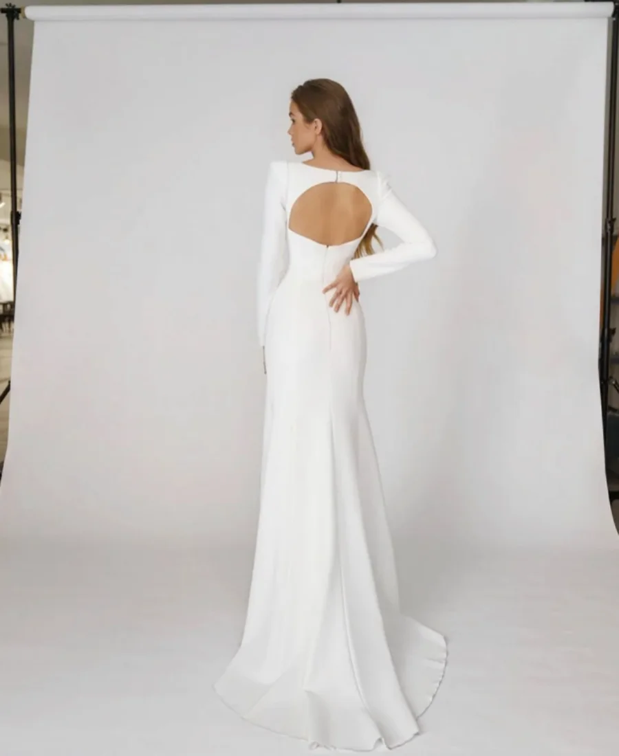 Elegant Satin Sleeves Backless Party Bridal Dress Bride Dress  Mermaid Wedding Dress Square Neck Long Vestido De Noiva