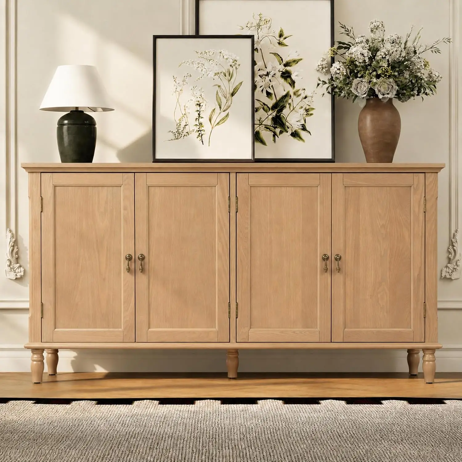 Vintage Buffet Cabinet with Storage Solid Wood Veneer 58 Inch, Customized