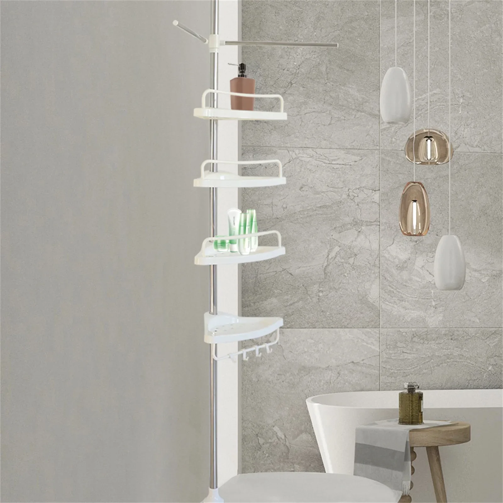 

Bathroom Corner Shower Caddy Tension Pole Rust Proof Telescopic Rod 4 Tier Storage Rack Shower Organizer