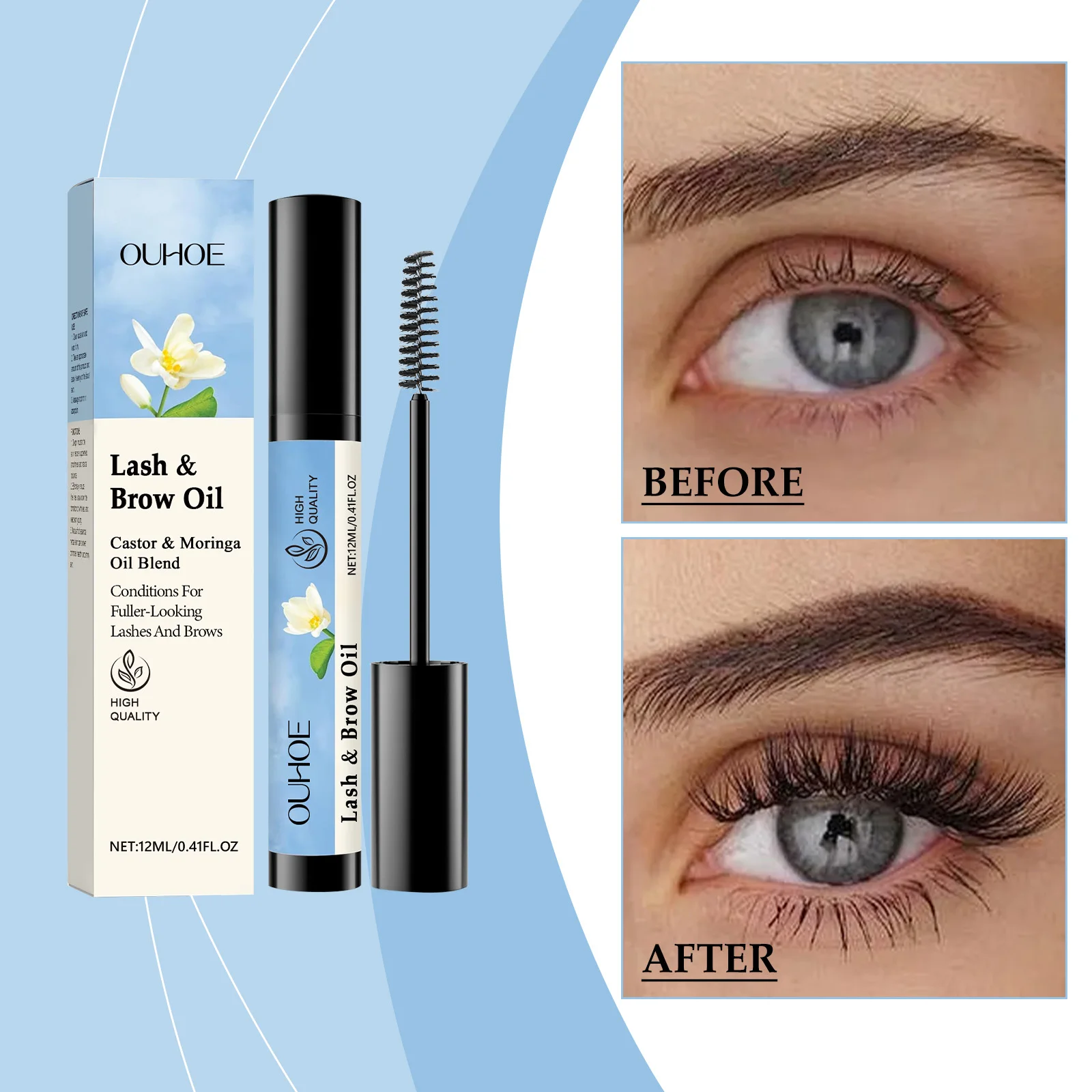 Máscara de pestañas OUHOE de 12ML y aceite para cejas, cuidado de cejas, maquillaje Natural, máscara negra y hermosa, rizada y no fácil de desgarro