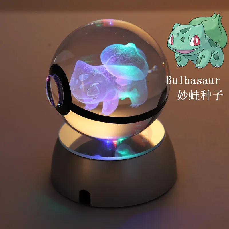 Pokemon 3D Crystal Ball Pikachu Gengar Mew Mewtwo Figurines Lamp Base Pokeball Pokemon Glass Ball Statue Kids Birthday Gift