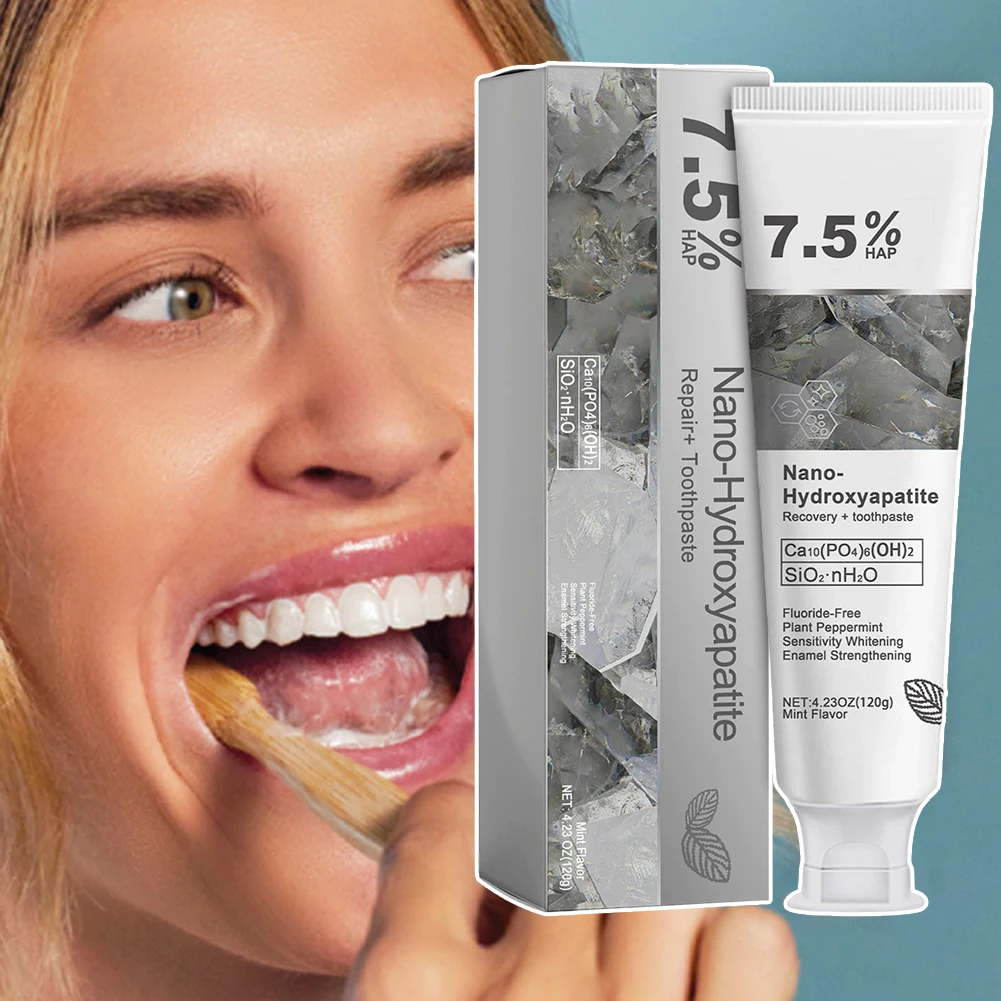 

Зубная паста с 7,5% наногидроксиапатитом без фтора для освежения дыхания, отбеливания зубов и удаления пятен от кофе и чая