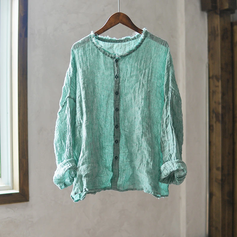 

100% Linen Women Long Sleeve Casual Shirt New Arrival 2025 Spring Vintage Style O-neck Solid Color Female Tops Shirts M1547