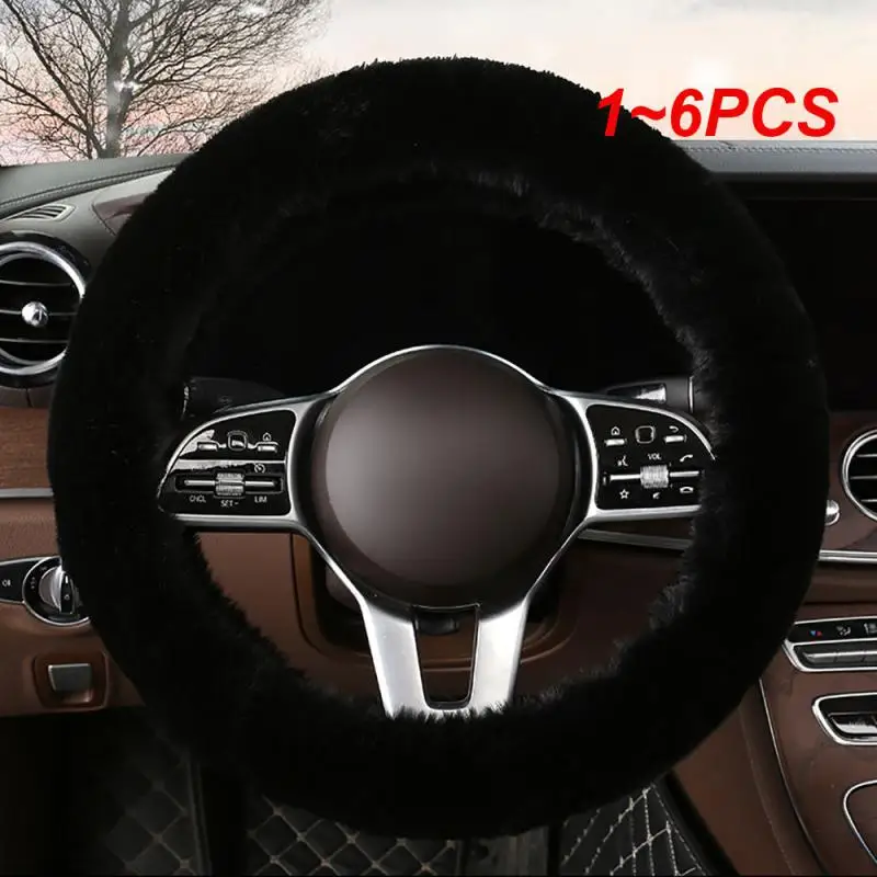 1~6PCS Car Steering Wheel Cover Protector Decoration Warm Super Thick Plush Soft Black Steering Cover for Women Men Winter