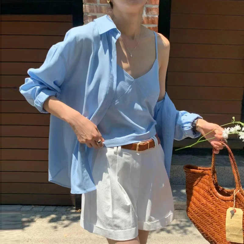 

Women Korea Chic Solid Color Loose Lapel Shirt+ Suspender Vest Suit Fashion Simple Casual Everyday Ladies' Shirt Summer