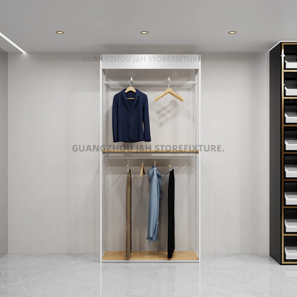 

Custom.Texture Clothes Shop Display Rack Custom Logo Classic Design Metal White Clothes Hanging Shelves Stand for Man Shop