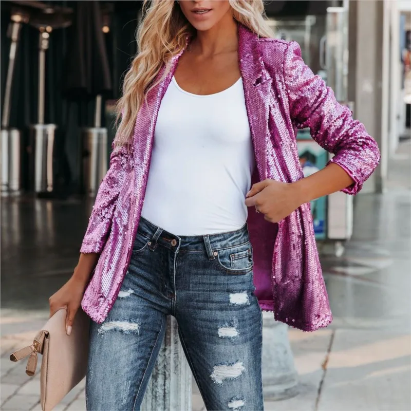 New Fashion Sequins Blazers Women\'s Suit Jacket Casual Long Sleeved Glitter Suits Party Wear Shiny Lapel Coat Women\'s Outerwear