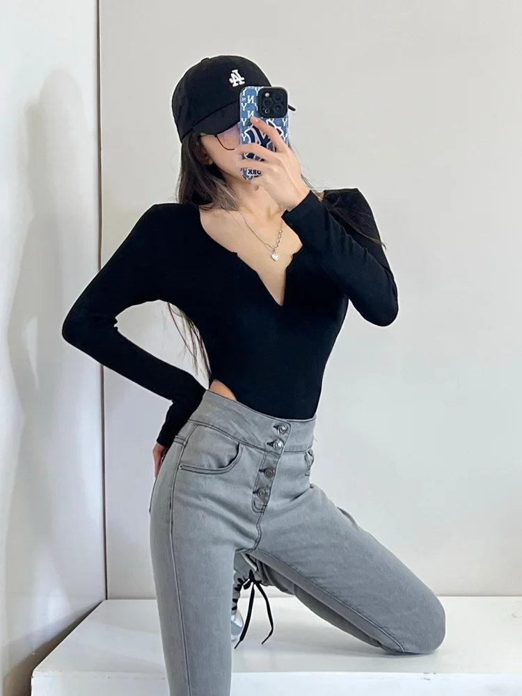 مثير V-Ne طويل Sve قطعة واحدة تي شيرت المرأة الرجعية حمالة ارتداءها k زر لون نقي الشارع Sle سليم صالح ارتداءها #4