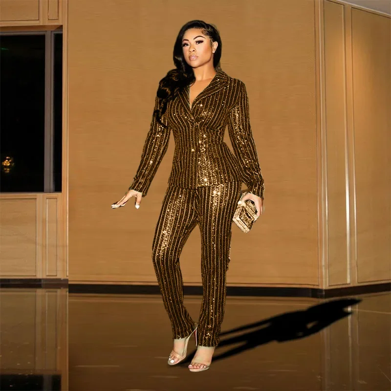 Sexy Sequin Blazer Suit Two Piece Set Club Party Formal Blazers Slim Plus Size Pant Suits Single Breasted Fashion Pencil Pants