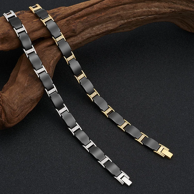 10mm Punk Gold Color Stainless Steel Chain Zircon Bracelet For Men Women Black Ceramic Health Care Magnetic Bangle Jewelry