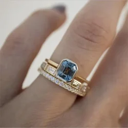 3pcs Acid Blue Crystal Rings for Women Fashion Yellow Gold Color Wedding Women's Ring Luxury Brand Jewelry Gifts Accessories