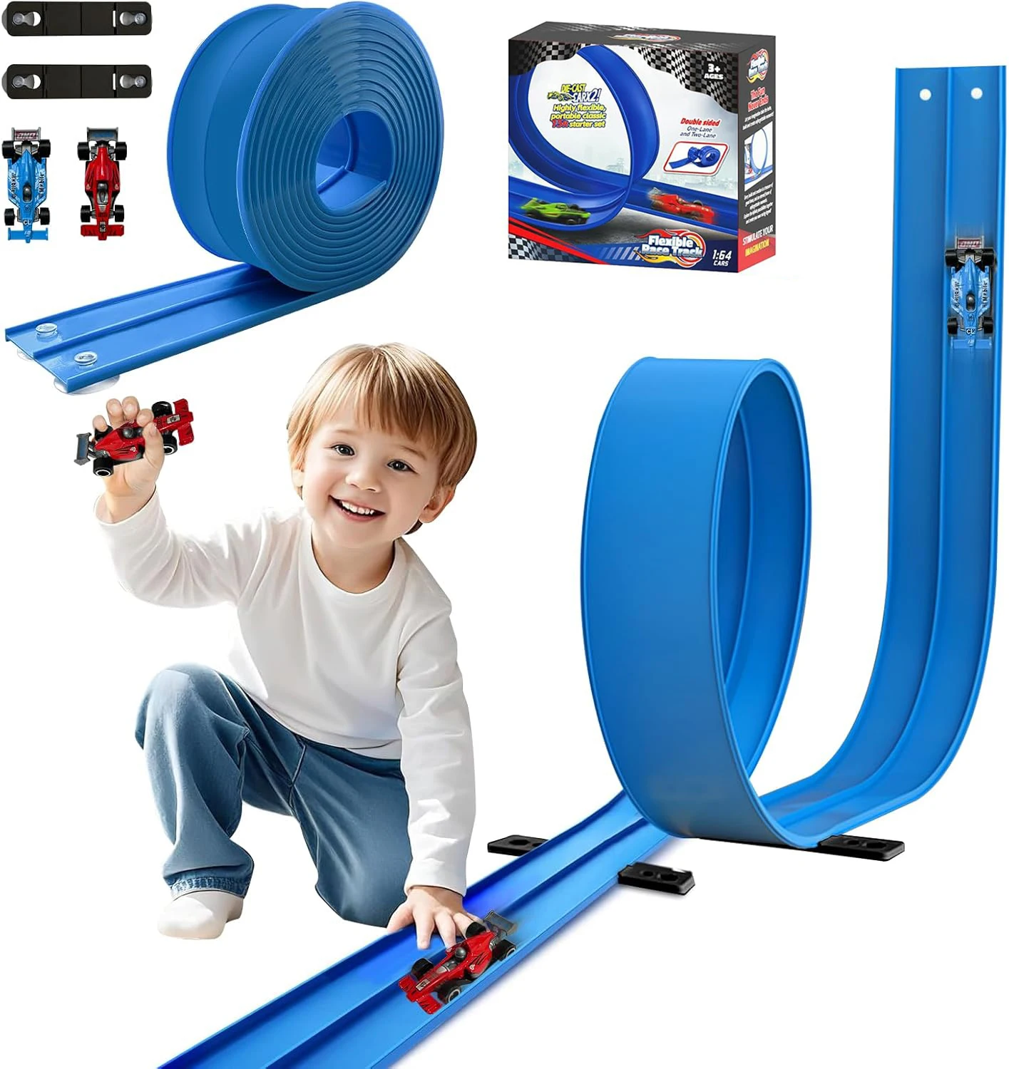 

15-футовая гибкая рампа для гоночного автомобиля с присоской, сворачивающаяся портативная гоночная дорожка «сделай сам», совместимая с моделью автомобилей, подарки на день рождения