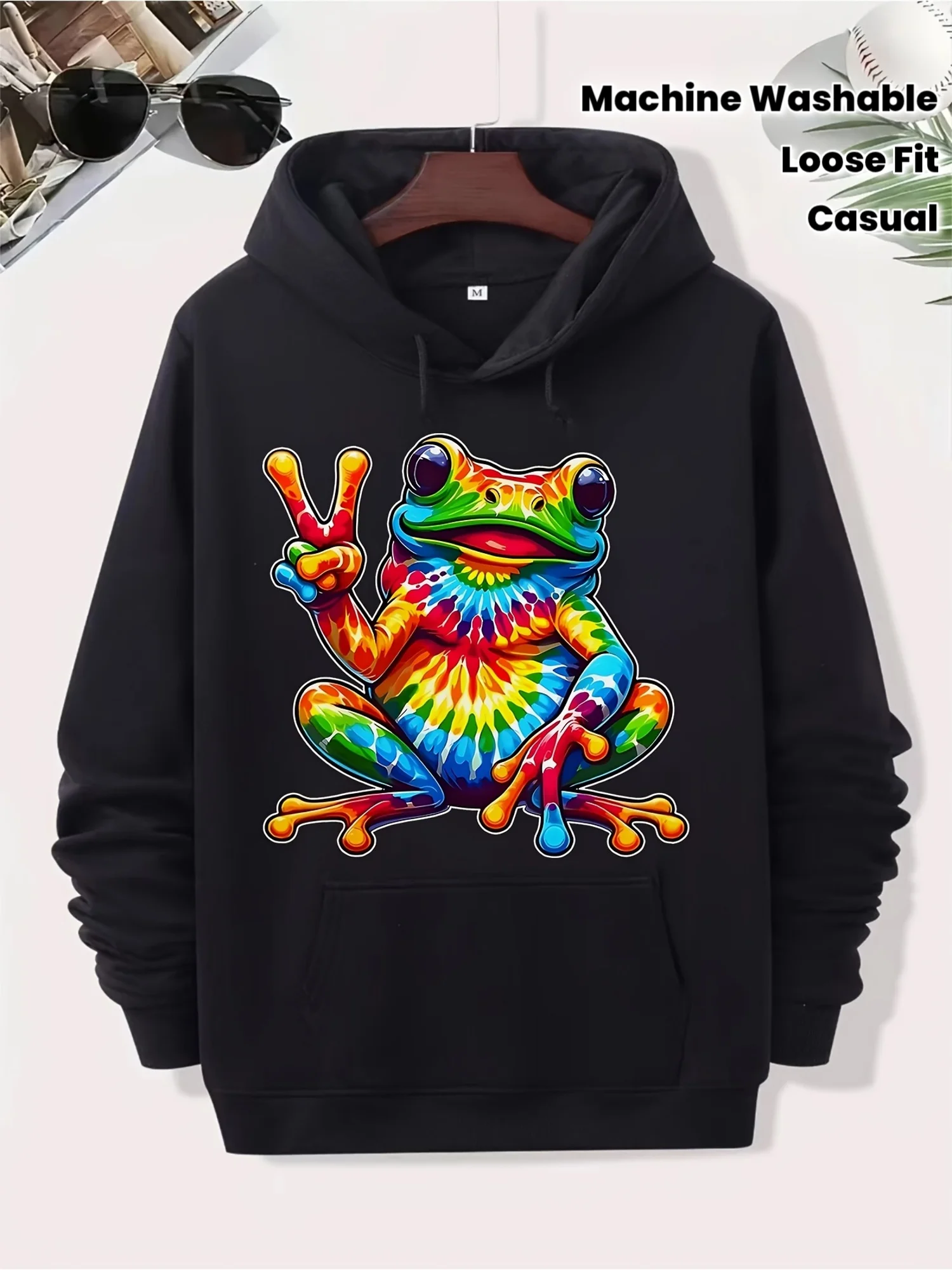 Men's Hippie Print Hoodie - Tie-Dye Frog Peace Logo Vintage 60/70's Street Style Pullover - Black with Green Orange Pink - Machine Wash Casual Sweater, Music Festival and Daily Wear, Tie-Dye Pattern, Soft Fabric, Suitable for Music Festival Crowds