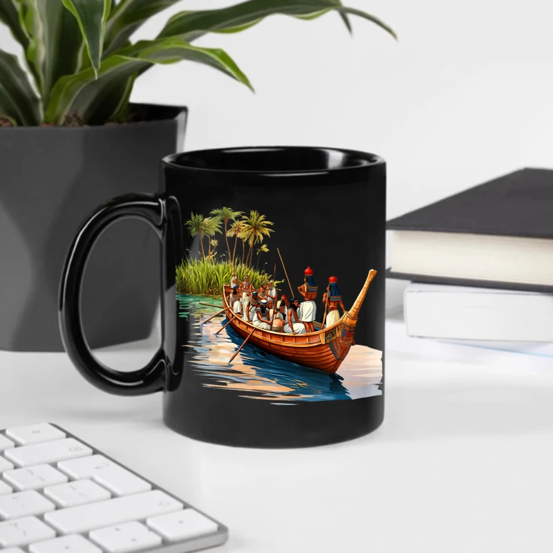 Ceramic mugs, black ancient Egyptian ship scenes, pharaohs and crew on a river near palm trees, coffee and tea sets, suitable fo