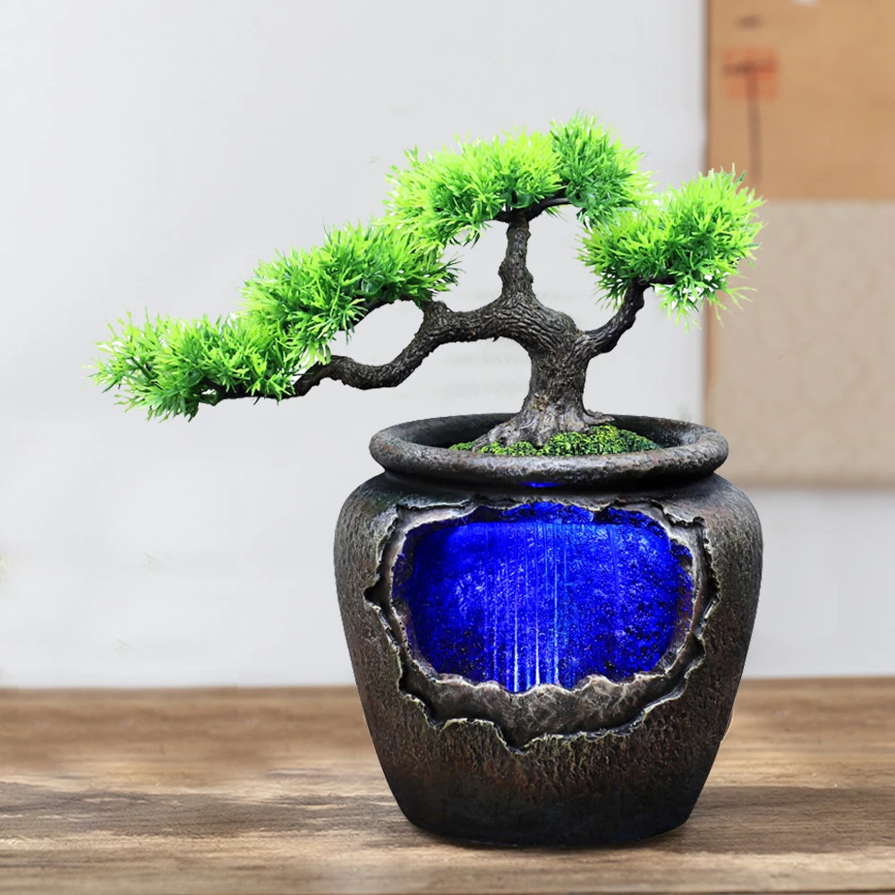 LED Tabletop Fountain with Pine Tree Design, 110-220V Wide Voltage Water Feature for Home/Office Decor, Relaxing Sound & Light