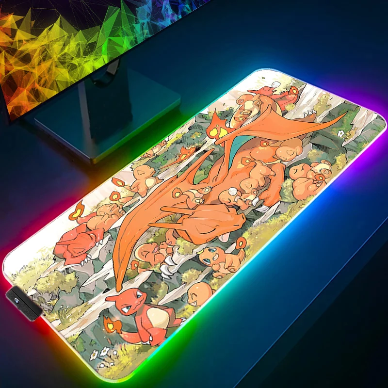 LED Light Desk Mat XXL Computer P-pokemon Eevee Mousepad Backlight Keyboard mat Table Mause Gaming Mouse Pad RGB Carpet