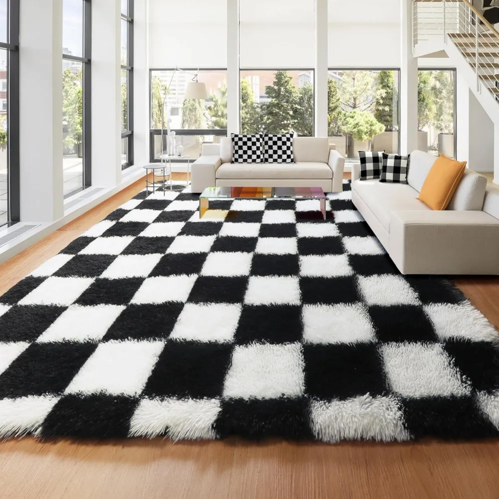 

KICMOR Коврики для гостиной 8x10, большой пушистый ковер для спальни, мягкий плюшевый черно-белый клетчатый ковер Big Fuzzy Shag Sha