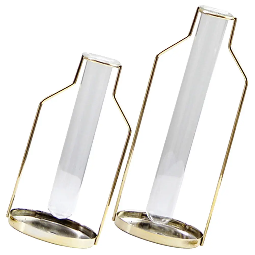 2Pcs Nordic Style Iron Frame Glass Tube Vase Set for Hydroponic Flower Arrangement Home Office Garden Decor Water Planter