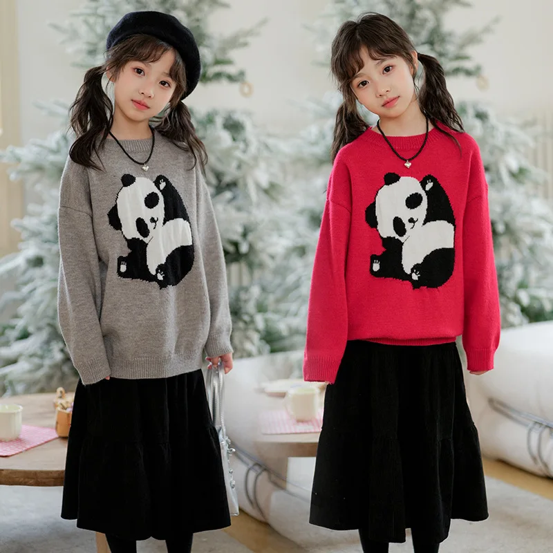 

Autumn Winter Children Girl Clothing Set Junior Girl Panda Knitted Pullovers+Corduroy Midi Skirt Sweater Set For Girls 4-12Yrs