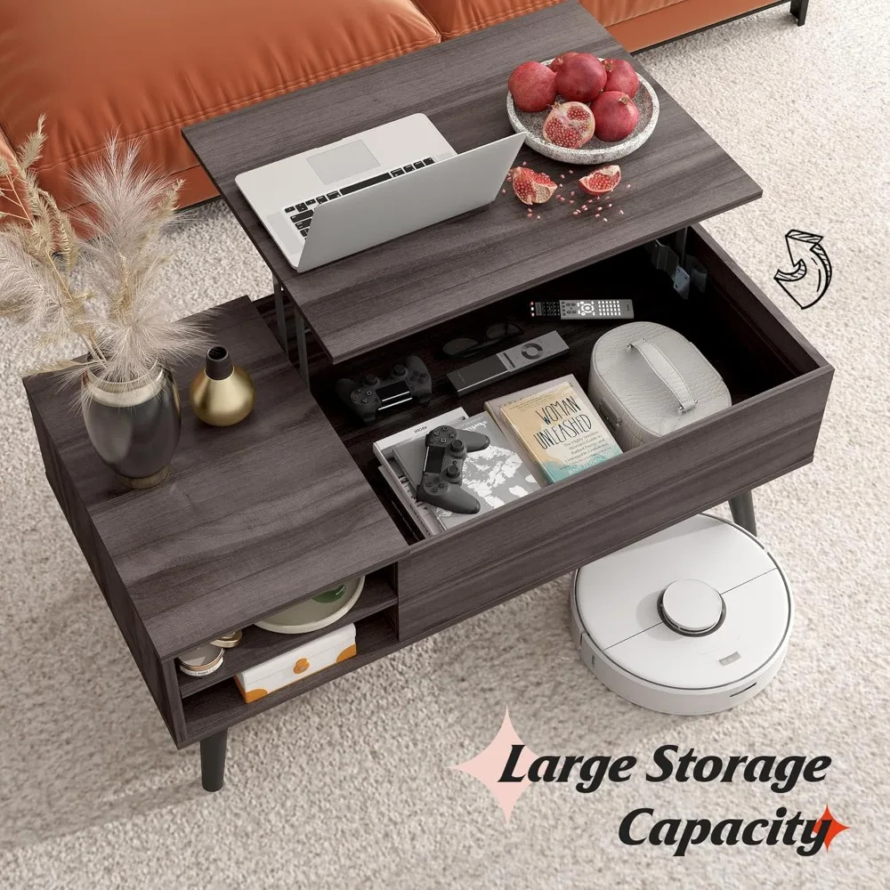 Adjustable Shelf Living Room Coffee Table with Storage, Mid-Century Modern Style, Small Space Solution
