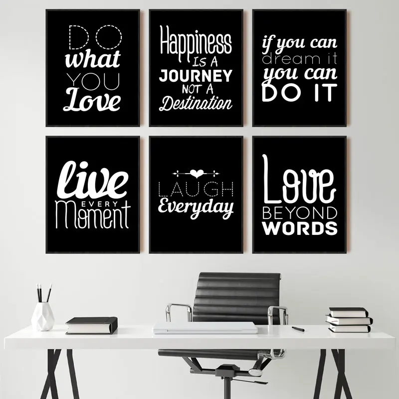 Modern Black Background Inspirational Canvas Art Prints Simple Happy Life Quotes Wall Decorative Poster for Living Room Bedroom