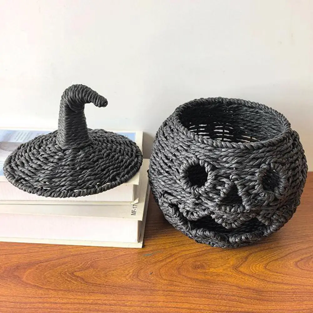 Halloween Table Centerpiece Handwoven Pumpkin Lantern with Lid Vintage Rustic Halloween Decor Jar Hollow Smile Face for Party