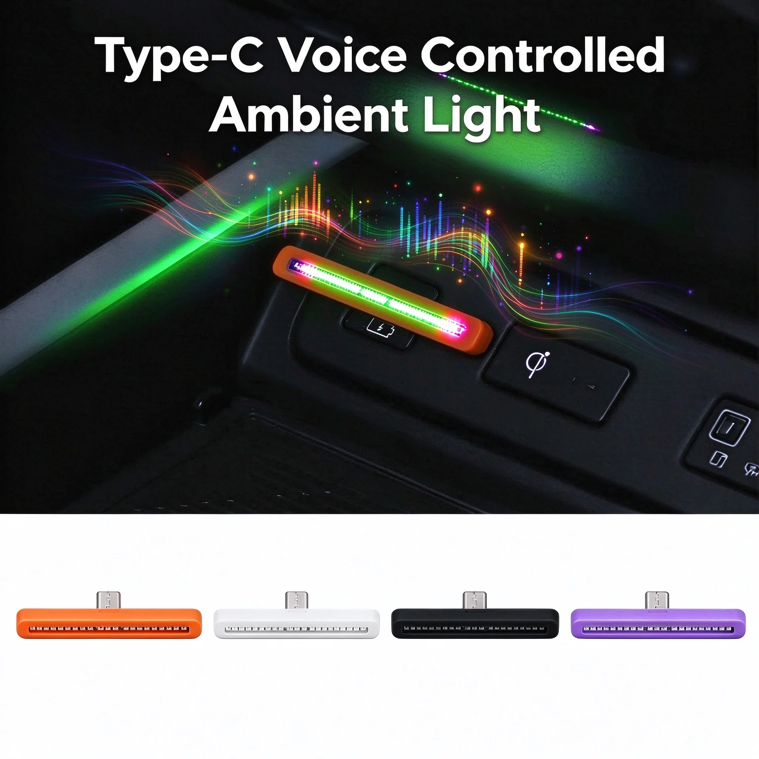 Car Type-C Atmosphere Light, Sound Sync Music Rhythm LED Lamp, Wireless-Free Colorful Auto Breathing Night Light for Car Interio