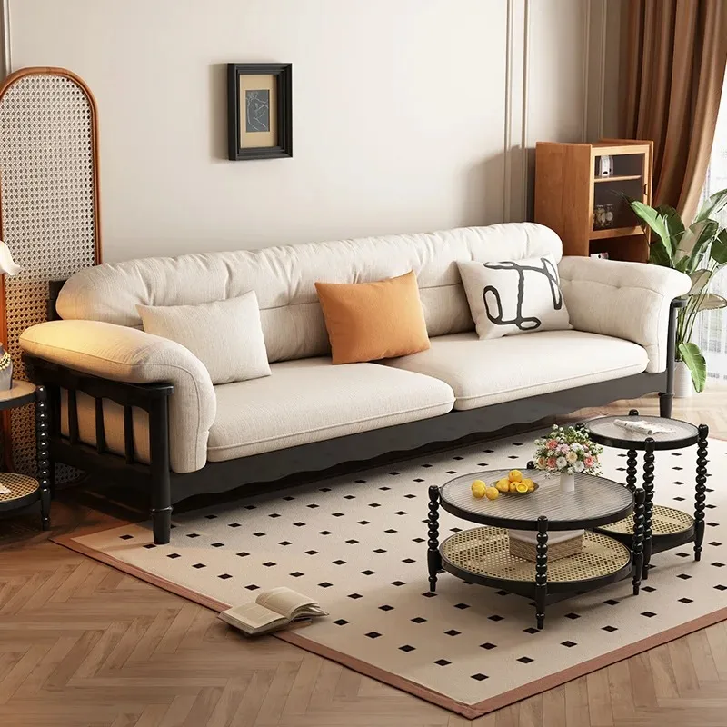 French retro fabric sofa, three-person straight row, Nordic cloud all-solid wood sofa