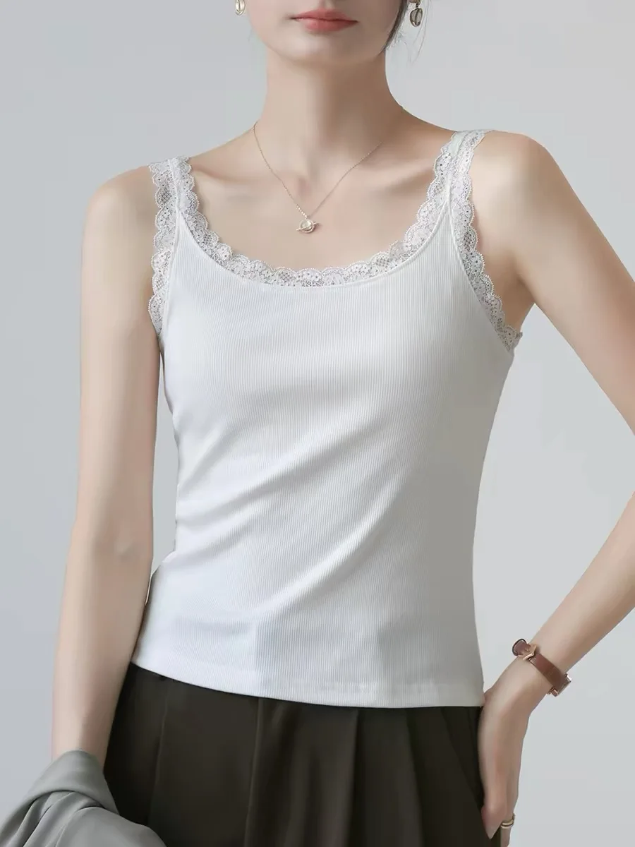 Women's Slim Fit Tank Top Lace Trim Cotton 95% Summer New Style Big Size Inner Wear Outer Wear Beautiful Back Base Shirt