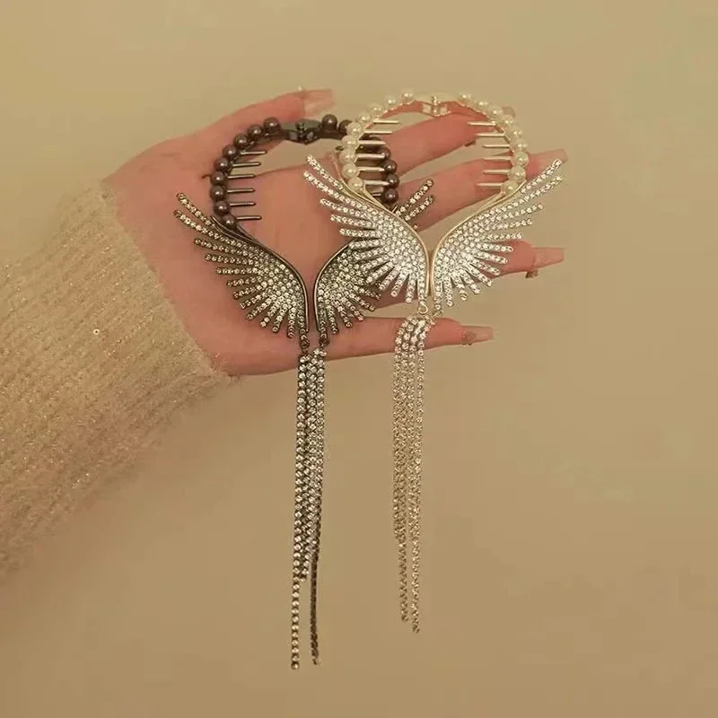 Delicate Angel Wings Ponytail Clasp Pearl Rhinestone Tassel Hair Clips Korea Elegant Shark Clip Girls Sweet Hair Accessories