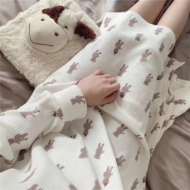 Japan Ice Cream Gelato Cotton Rib Knitted Cartoon Bear Printed GP Lounge Wear Sleepwear Night Gown