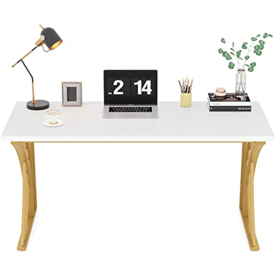 55’’ Large Modern Computer Desk, White & Gold Luxury Laptop PC Student Table, Sturdy Writing Workstation for Home & Office