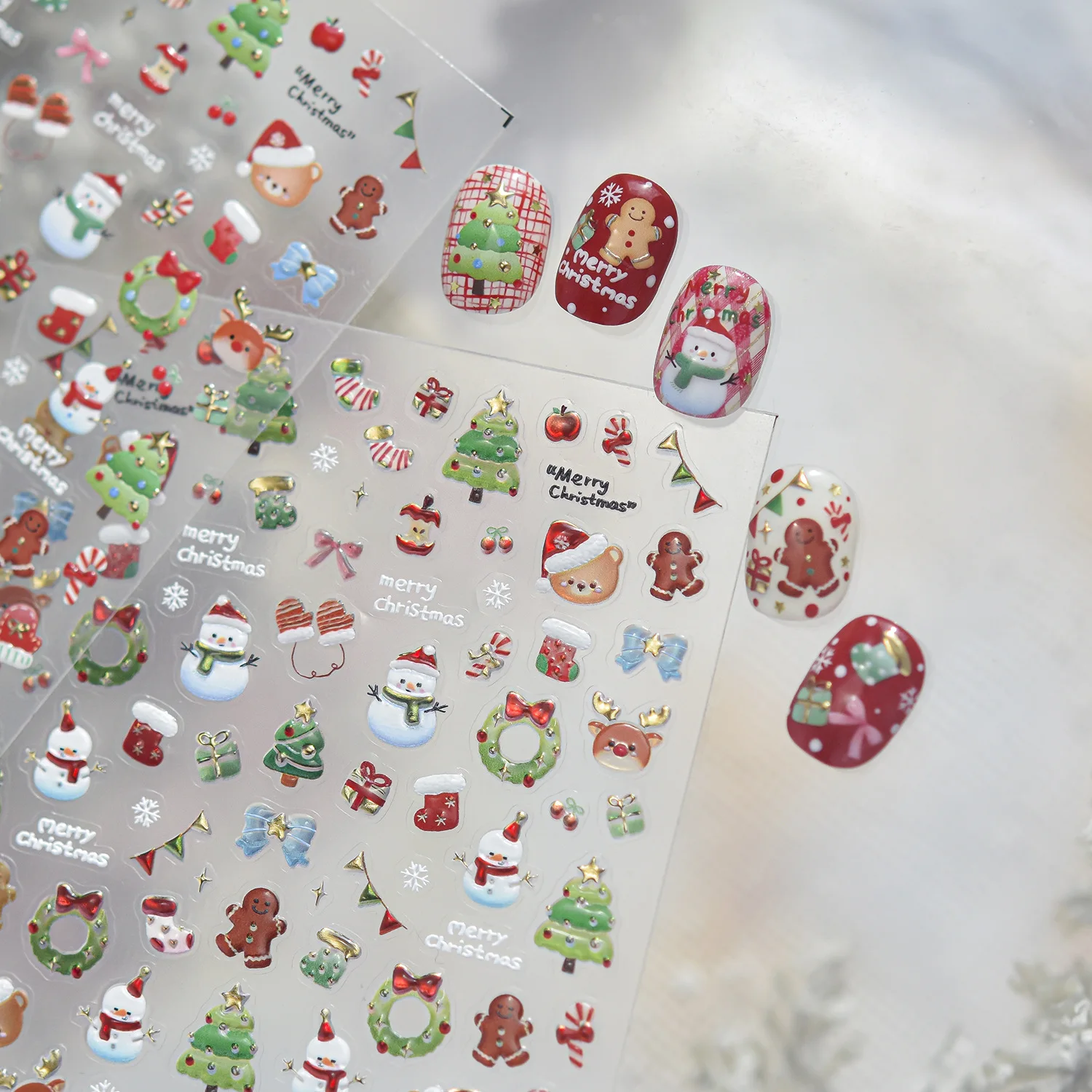 5D Christmas Nail Stickers Cute Snowman Gingerbread Man Xmas Tree Wreath Gift Box Candy Cane Bear Berry Winter Nail Art Decals