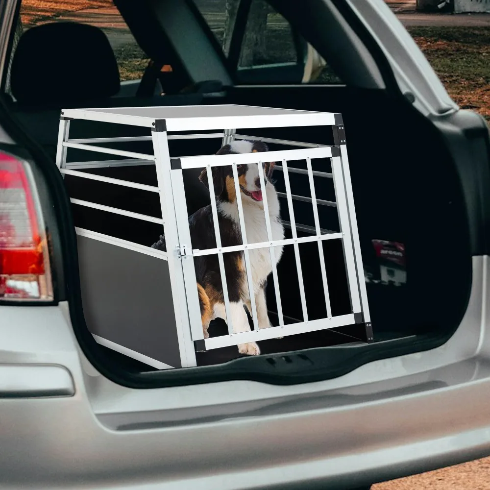 

Black & Silver Aluminum-MDF Dog Transport Box – Ventilated, Lockable, and Space-Saving Design for Safe Travel