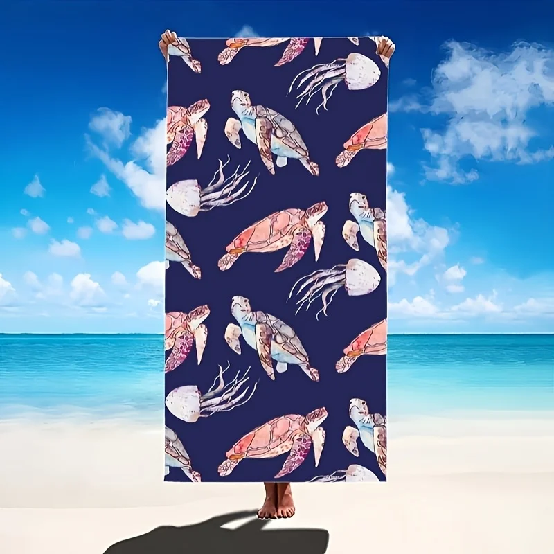 Turtle & Jellyfish Printed Beach Towel, Ocean Life Art Quick-Dry Sand-Free Microfiber Bath Towel for Yoga, Swim and Fitness
