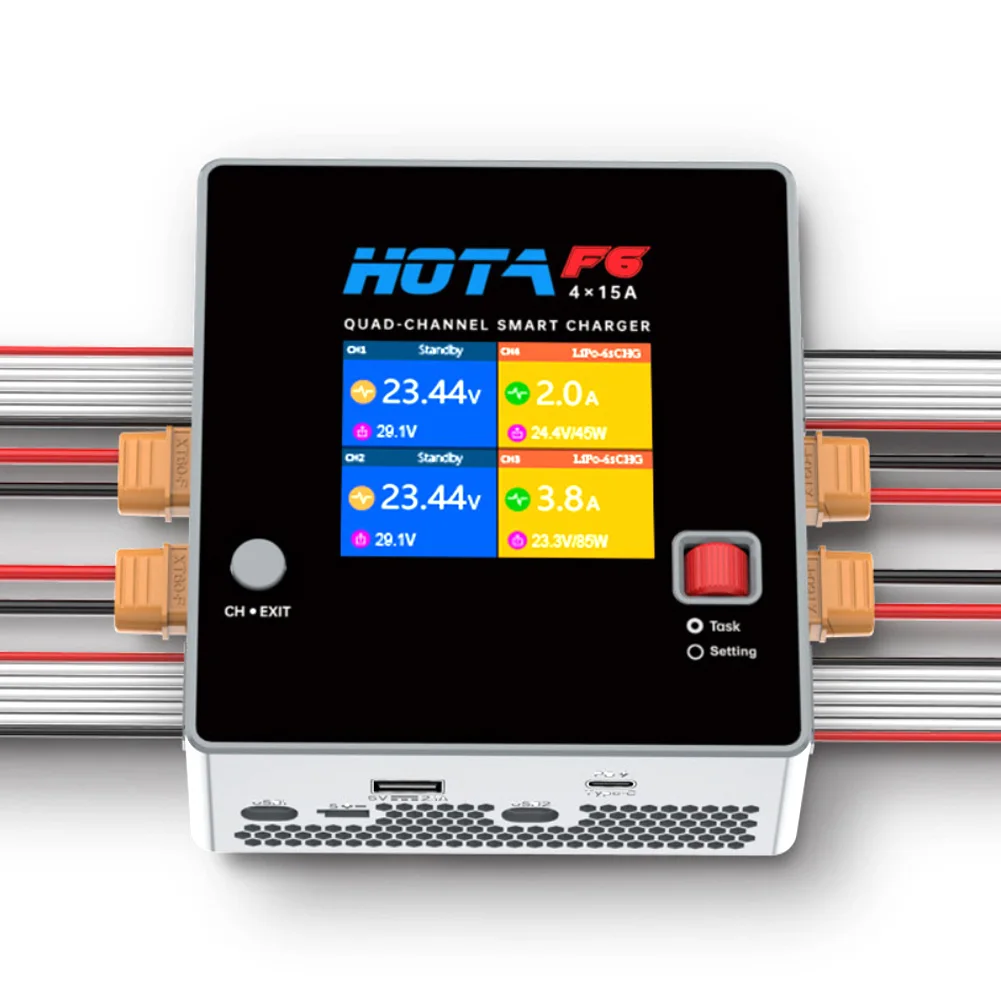 HOTA F6 Smart Balance Charger 4x250W/15A with Type-C 2 in 1 XT60 PLUG Lipo LiIon NiMH Battery for iPhone iMac Samsung Charging