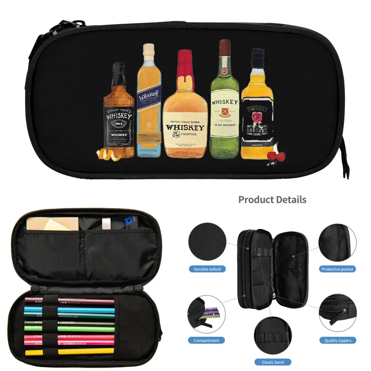 Botellas de whisky con ilustración, estuches para lápices para regalos de estudiantes, caja de bolígrafos, bolsa de lápices, almacenamiento grande, suministros de papelería