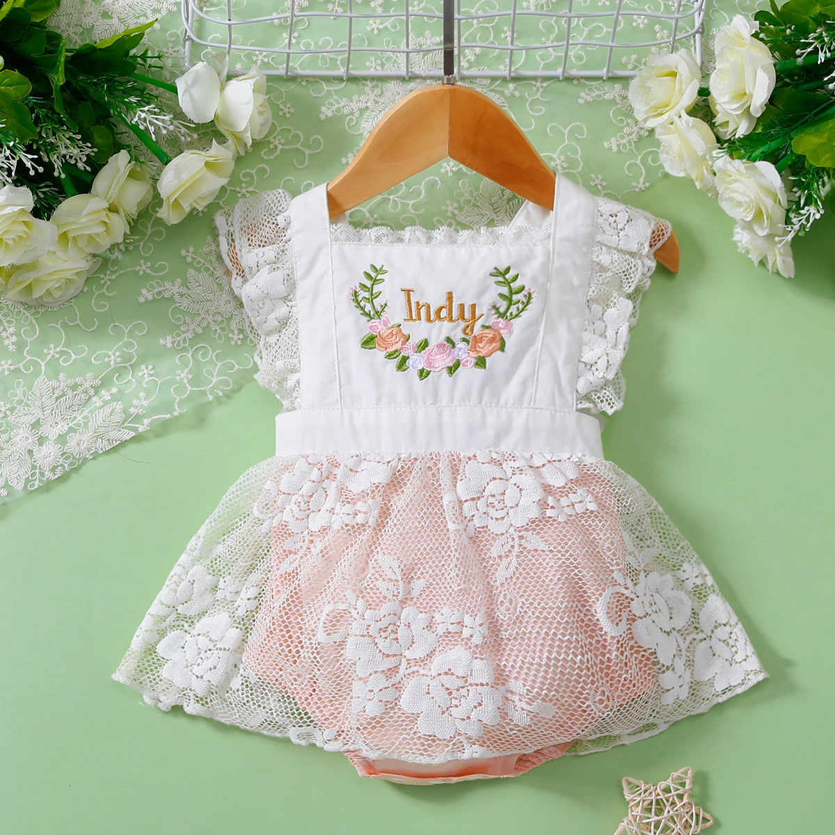 Baby Girl Lace Embroidery Romper, Ruffled Jumpsuit, Princess Style, Hollow Out, Summer