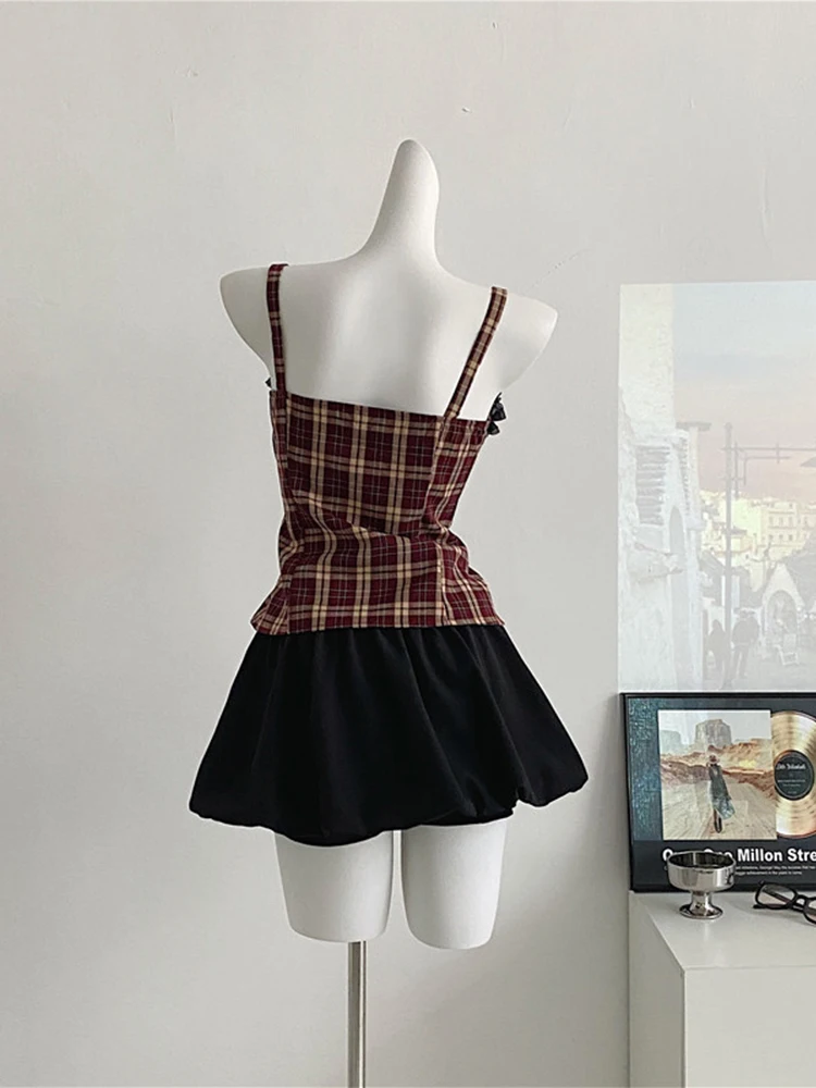 Summer Women Y2k Old Money Vacation Rave Vintage Outfits 2 Piece Set Plaid Lace Camisole + Mini Skirts Korean Fashion Mori Girl