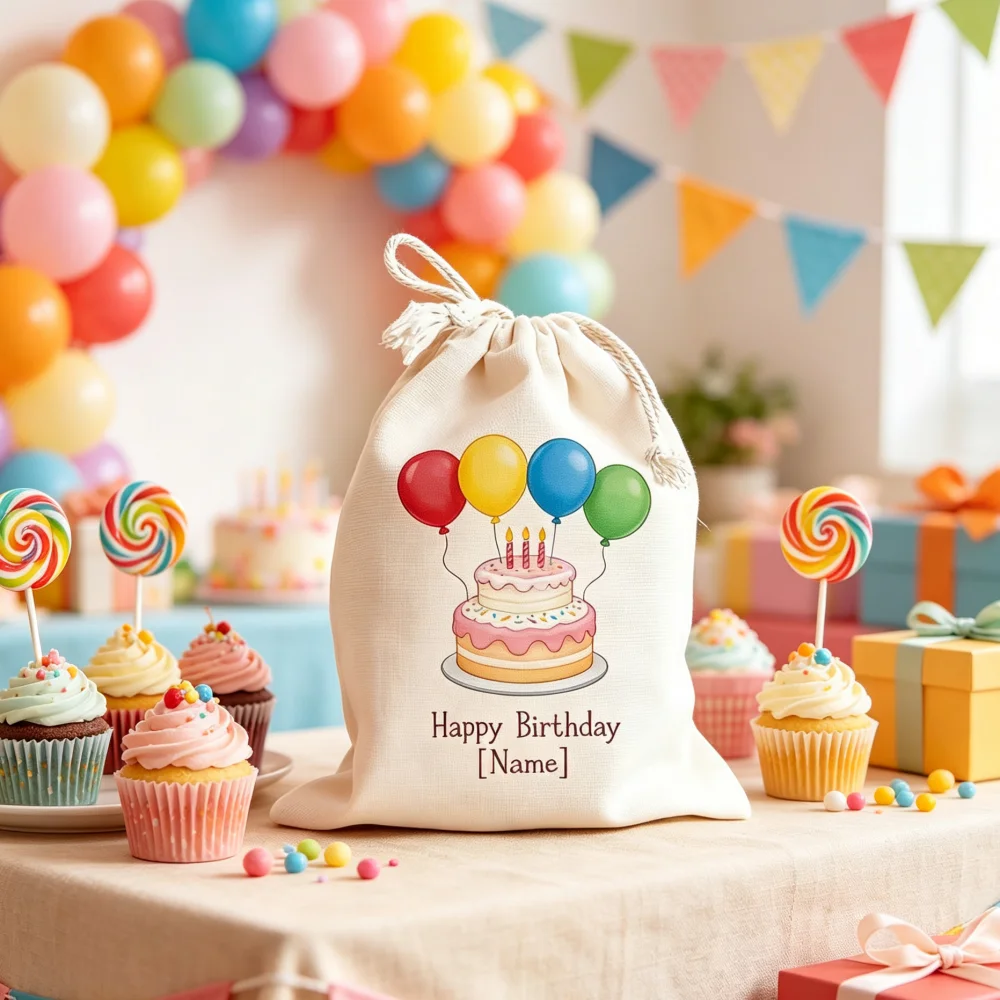 1Pc Custom Name/Text Imitation Hemp Drawstring Birthday Party Gift Bag,Cake Pattern Drawstring Closure Storage Bags,Party Supply